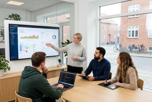 Moderne webbureau i åsum med dansk team foran computere i lyst kontor