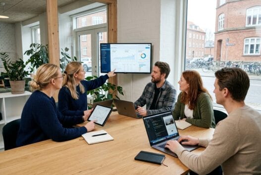 Team arbejder med webdesign og data på moderne kontor i Åle
