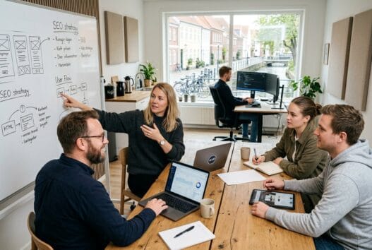 Dansk webbureau i aabenraa med team ved computer og digitale skærme