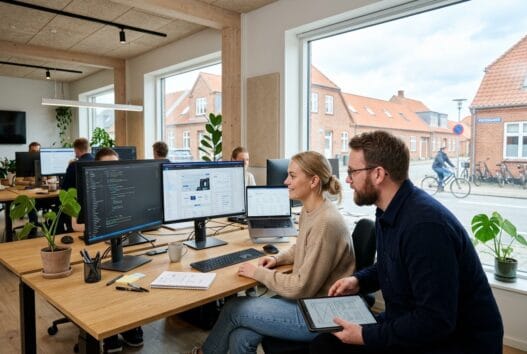 Moderne webbureau i Aabybro med dansk team, der arbejder ved computer i lyst kontormiljø