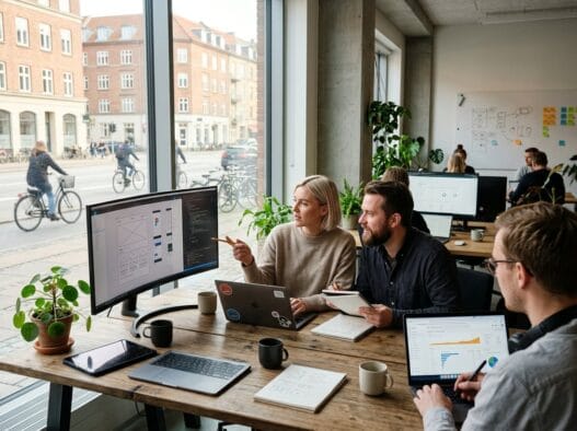 Moderne webbureau i åbyen med team ved computer og digitale analyser i lyst skandinavisk kontor