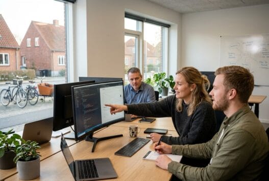 Moderne webbureau i Ådum med dansk team, der arbejder med digitale løsninger ved computere