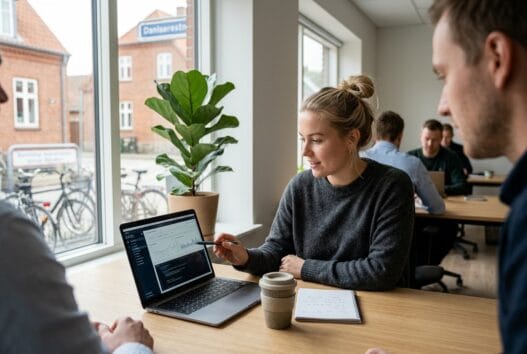Dansk webbureauteam arbejder med digitale løsninger i et moderne kontor i åbyskov