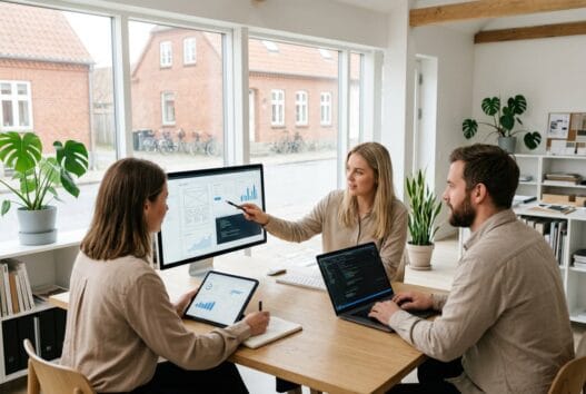 Moderne kontor med danske medarbejdere, der arbejder med webdesign og digitale løsninger i aakirkeby