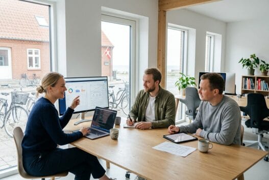 Dansk webbureau arbejder ved computer i ålbæk (6740) med digital strategi og moderne kontorlys