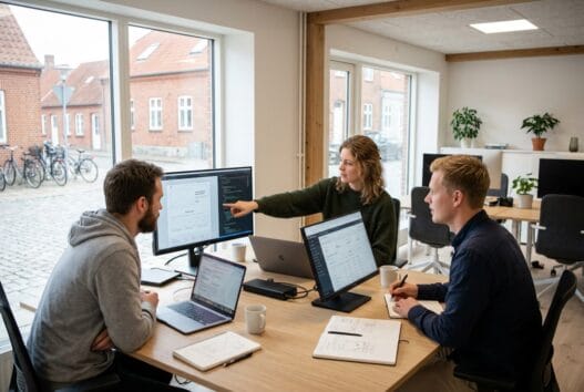Moderne webbureau i ålbaek (9982) med dansk team foran computere i lyst kontormiljø