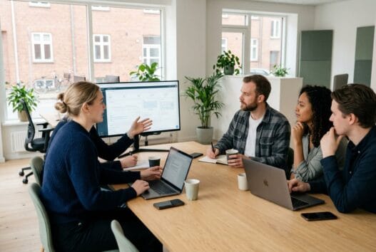 To kolleger arbejder ved computer i et moderne kontor i aalborg med fokus på webdesign og digital markedsføring