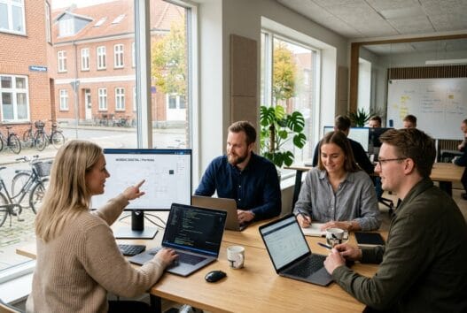 Moderne webbureau i aalestrup med dansk team, der arbejder ved computere i lyst kontor