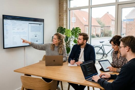 Dansk webdesigner arbejder ved computer i ålsrode med dashboards og moderne digitalt kontor
