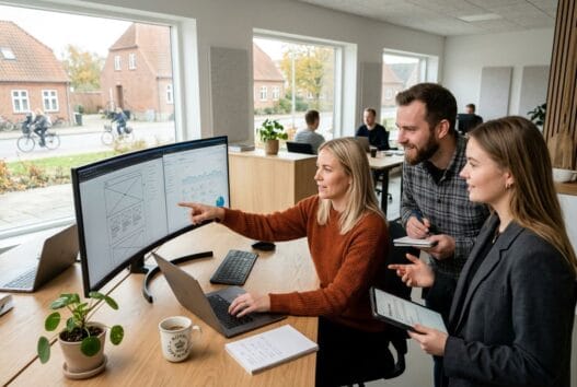 Moderne webbureau i Ålum med skandinavisk team, der arbejder ved computer og digitale dashboards