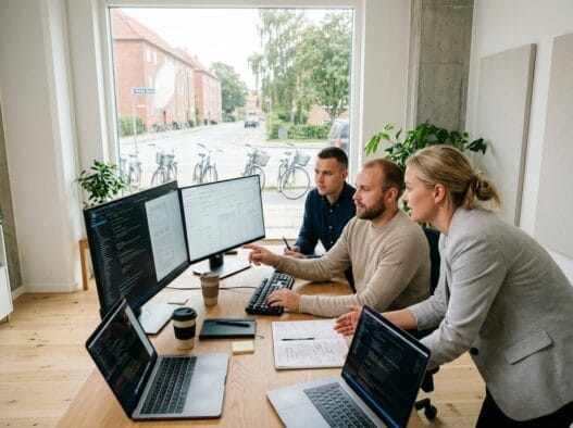 Skandinavisk team arbejder med webdesign og data i et moderne webbureau i Aarby