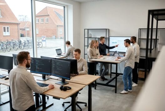 Moderne webbureau i aarestrup med team, der arbejder med digitale løsninger ved computere