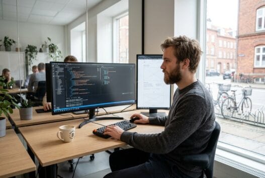 Skandinavisk webteam arbejder med digital markedsføring og dashboards på et moderne kontor i årre