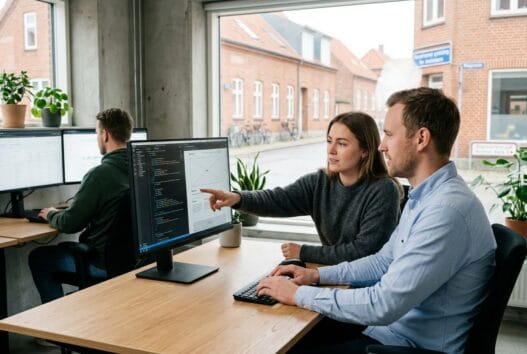 Dansk webbureau i aars med team foran skærme og digitale dashboards i moderne kontor
