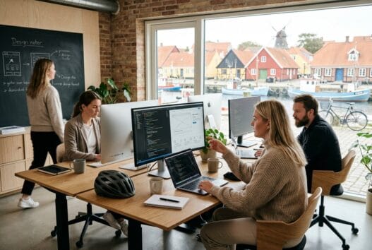 Dansk webbureau i årsdale med team ved computer og digitale dashboards i moderne kontor