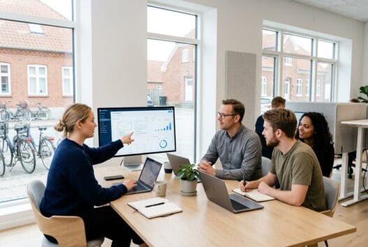 Dansk webbureau i Aarup med team ved computere og dashboards i moderne kontormiljø
