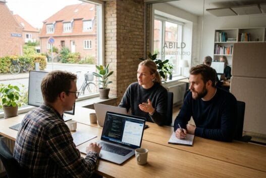 Moderne webbureau i abild med dansk team, der arbejder med digital strategi og design