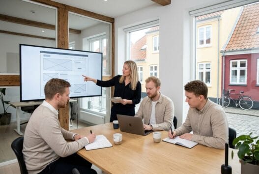 Dansk webbureau i Ærøskøbing med team ved computer og digitale dashboards