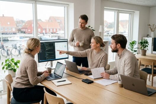 Skandinavisk team arbejder med webdesign og digitale dashboards i Årøsund