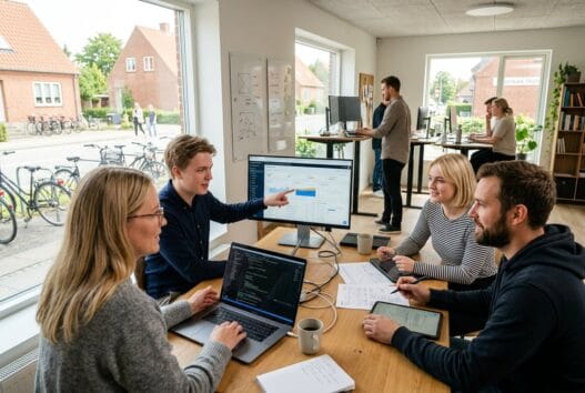 Skandinavisk webbureau i Agerbæk med team ved computer og digitale dashboards