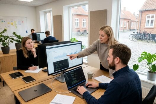 Moderne webbureau i Agerskov med dansk team, der arbejder med digitale løsninger ved computer og dashboards