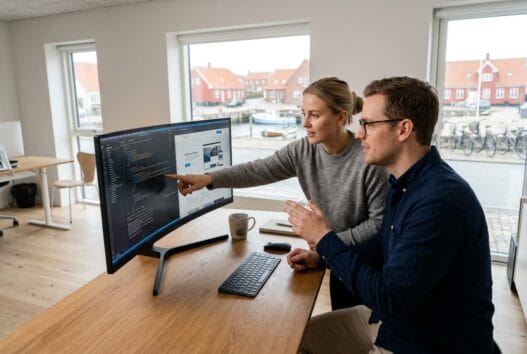 Dansk webbureau i agersø med team ved computere og digitale dashboards i moderne kontor