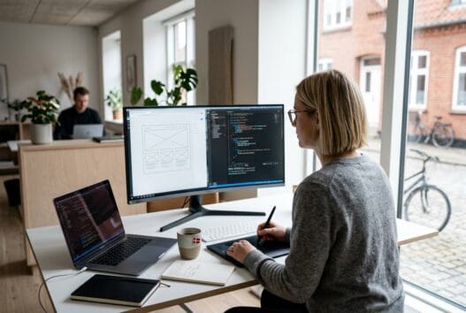 Moderne webbureau i agersted med dansk team foran skærme og digitale dashboards