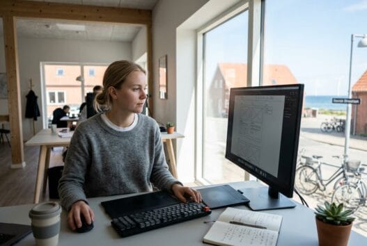 Skandinavisk webbureau i agger med team ved computer og digitale dashboards