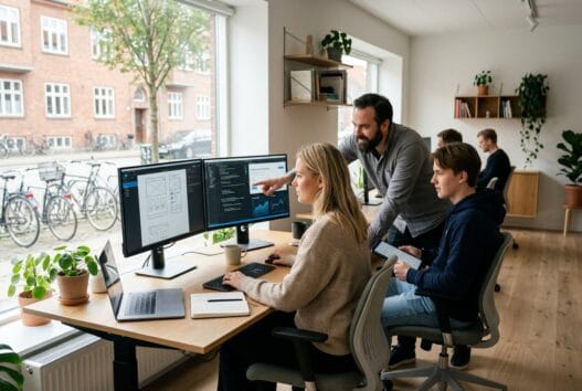 Skandinavisk webbureau i aggersund med team ved computer og digitale dashboards