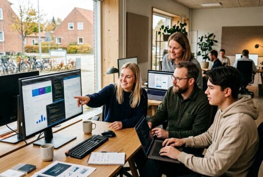Dansk webteam arbejder med digitale dashboards i moderne kontor hos et webbureau i aidt