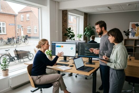 Skandinavisk team arbejder med webdesign og digitale dashboards på kontor i Algestrup