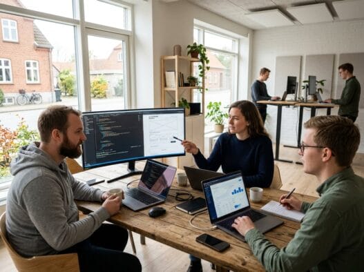 Moderne webbureau i AllingaaBro med team ved computer og dashboards i lyst skandinavisk kontor