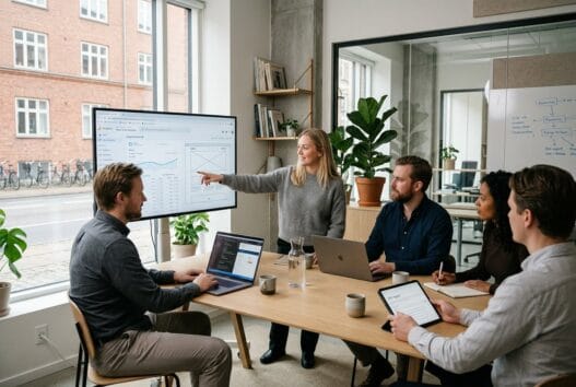 Skandinavisk team arbejder med webdesign og digitale dashboards på et moderne kontor i almind