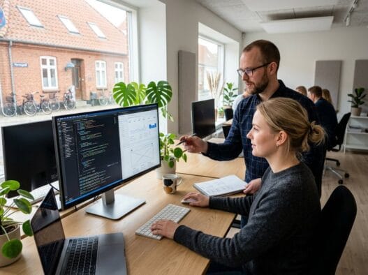 Skandinavisk team arbejder med webdesign og dashboards i et moderne kontor i Als