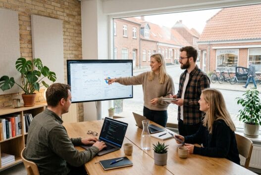 Moderne webbureau i Alslev med dansk team, der arbejder med design, kode og digitale dashboards