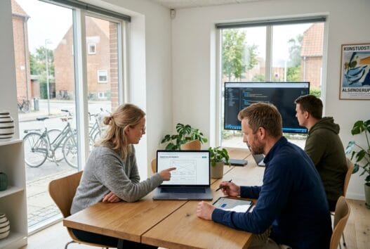 Dansk webbureau i Alsønderup med team ved computer og digitale dashboards i moderne kontor