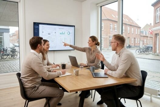 Moderne webbureau i andkær med dansk team ved computer og dashboards i lyst kontormiljø