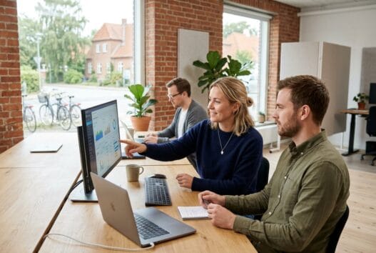 Dansk webbureau i annisse med team ved computerskærme og digitale dashboards