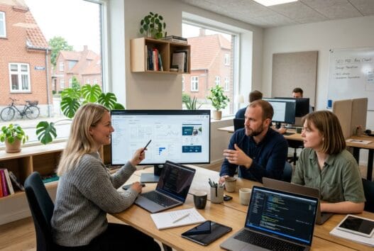 Skandinavisk webbureau i ans med team ved computer og dashboards i moderne kontormiljø