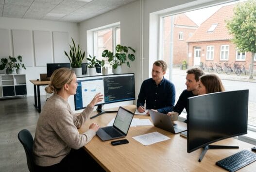 Skandinavisk team arbejder med digital strategi og dashboards i ansager