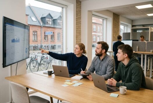 Dansk webbureau i Arentsminde med team, der arbejder med digital strategi og skærme i lyst kontor