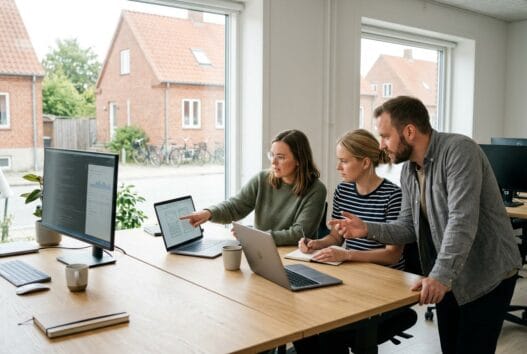 Skandinavisk webbureau i arnakke med team ved computer og digitale dashboards i moderne kontor