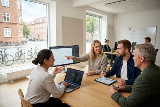 Moderne webbureau i Arnum med team foran skærme og digitale dashboards
