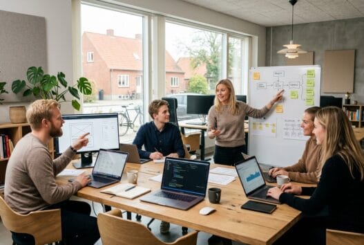 Skandinavisk team arbejder med webdesign og SEO på et moderne kontor i asaa