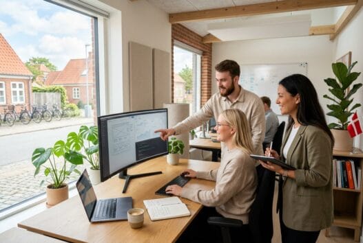 Skandinavisk webbureau i asferg med team foran dashboards og computerarbejde