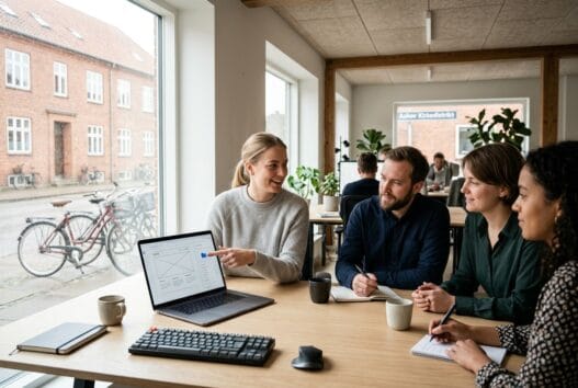 Team arbejder med digitale løsninger på et moderne kontor i askov, med skærme og naturligt lys