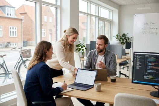 Dansk webbureau i Asnæs med team der arbejder ved computer og digitale dashboards