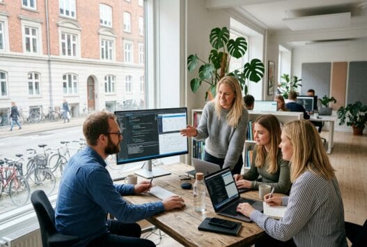 Realistisk dansk team arbejder med webdesign og data i et moderne kontormiljø i asp
