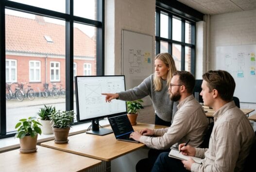 Dansk team arbejder med webdesign og SEO i moderne kontor i assendloese
