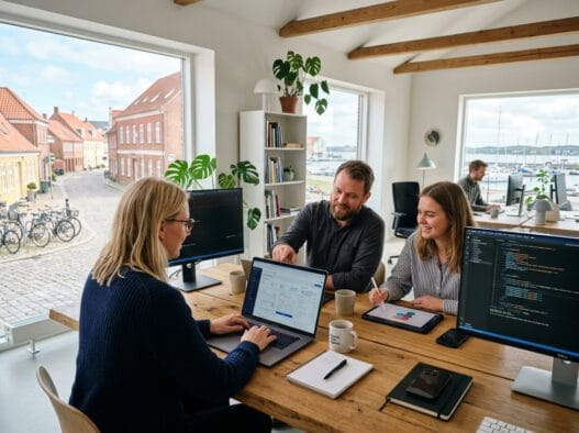 Dansk webbureau i Assens med team, der arbejder ved computer med digitale løsninger og data